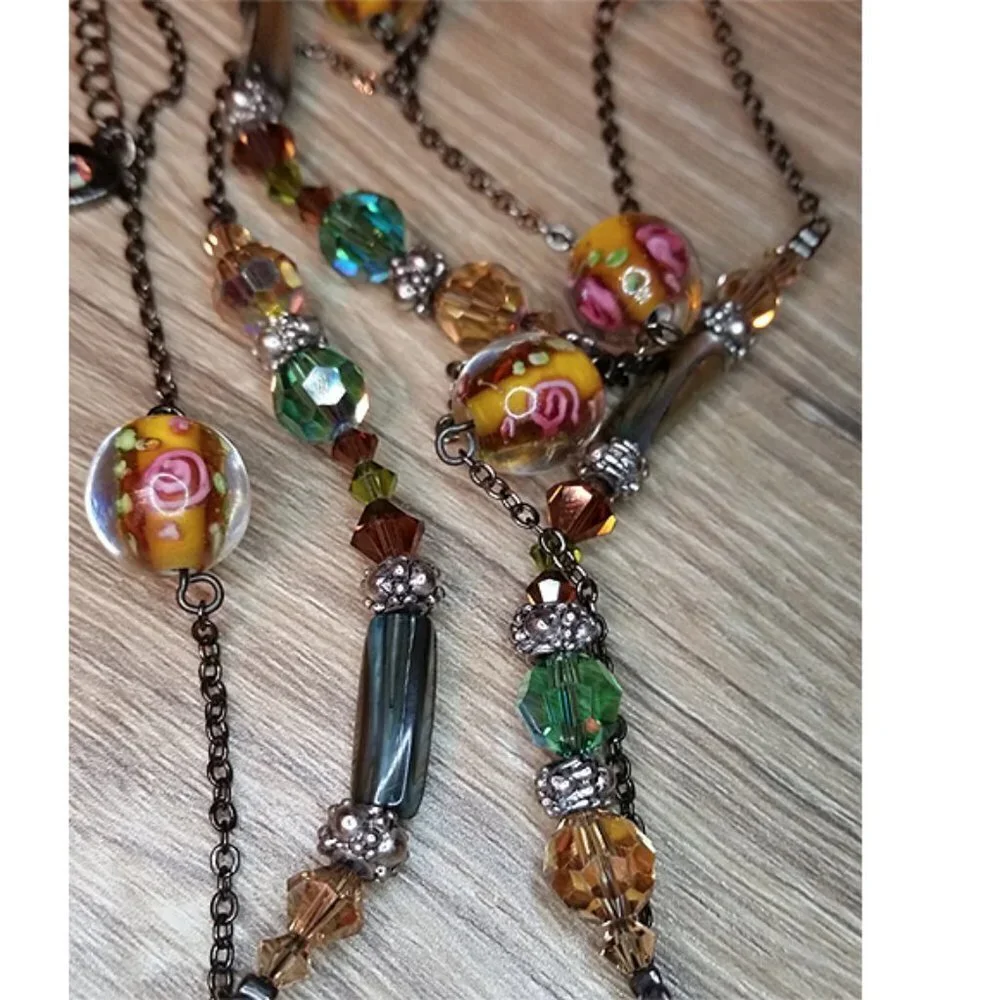 DOL Swarovski Crystals Abalone Glass Necklace New Extra Long Vintage Designer
